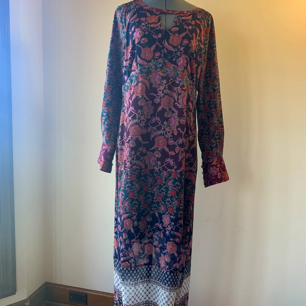 CAbi Floral Maxi Dress in Navy with Pink and Red Accents